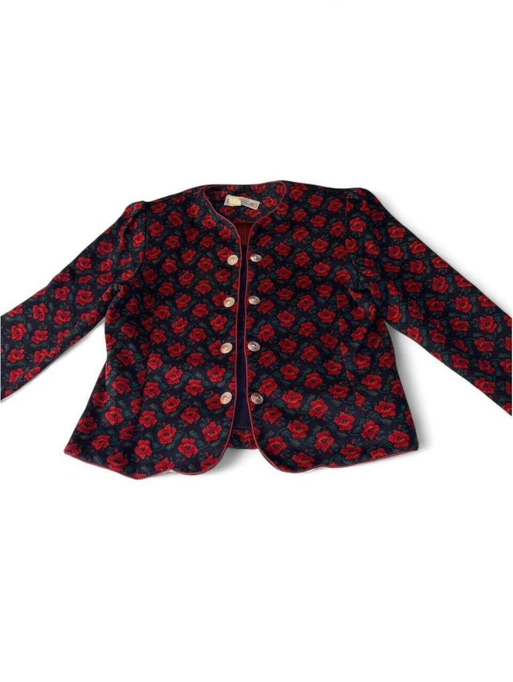 Vintage Pablo Collection Dark Floral Rose Jacket Scalloped Trim Size 12P